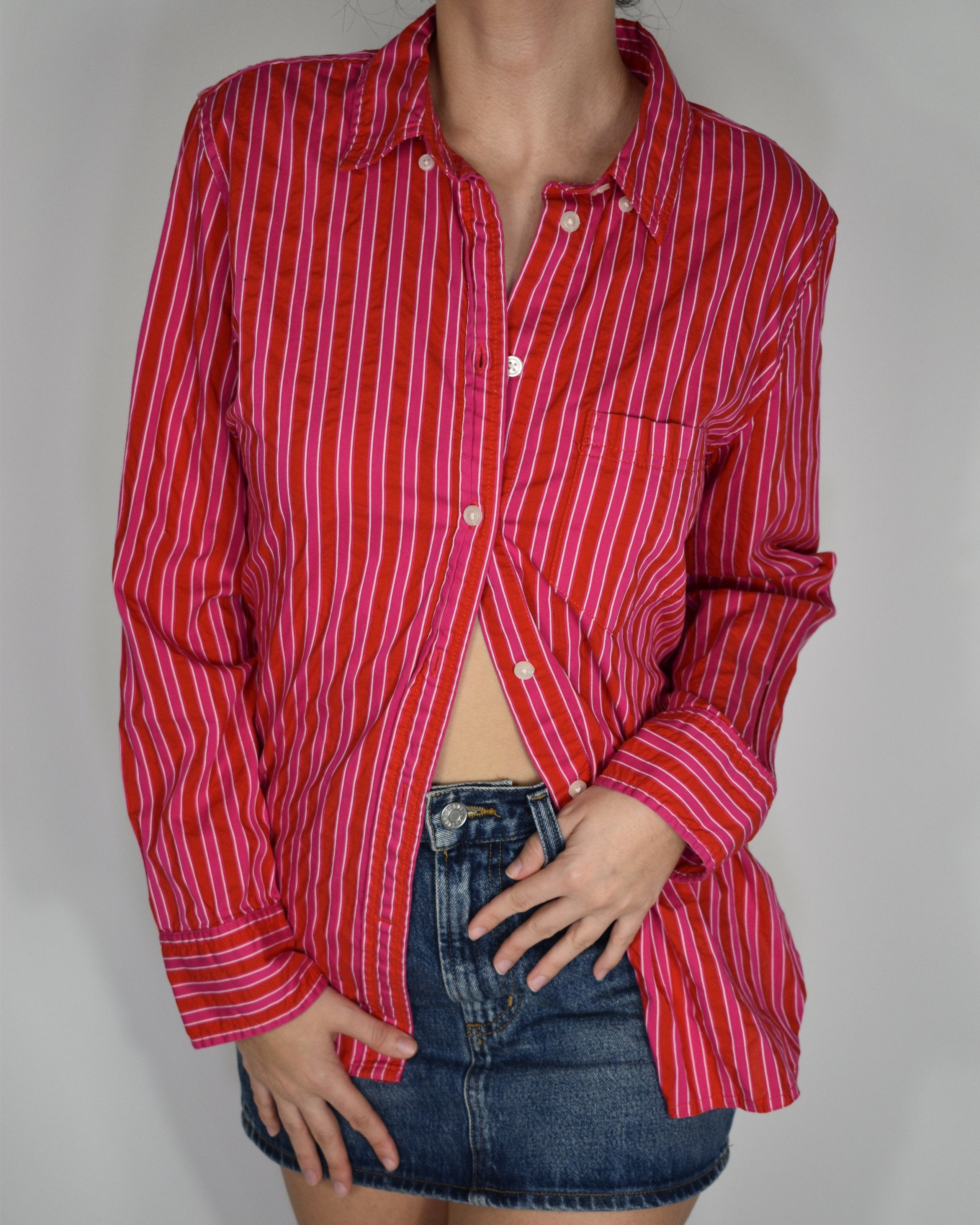 Jcrew Pink & Red Striped Button Up