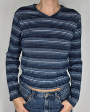 Blue Striped V-neck 3/4 Sleeve