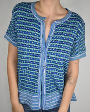 Blue Knit Striped Button Up