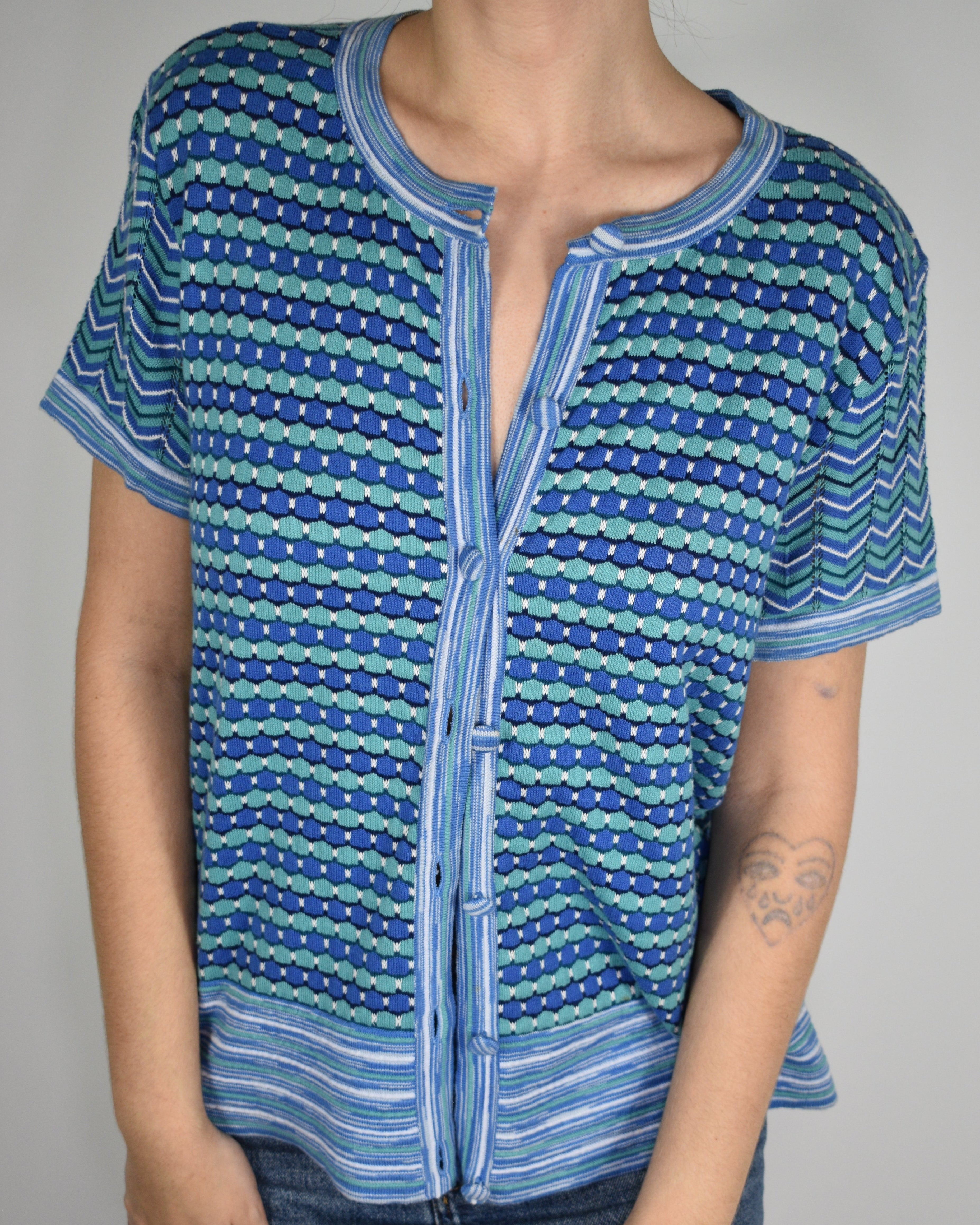 Blue Knit Striped Button Up