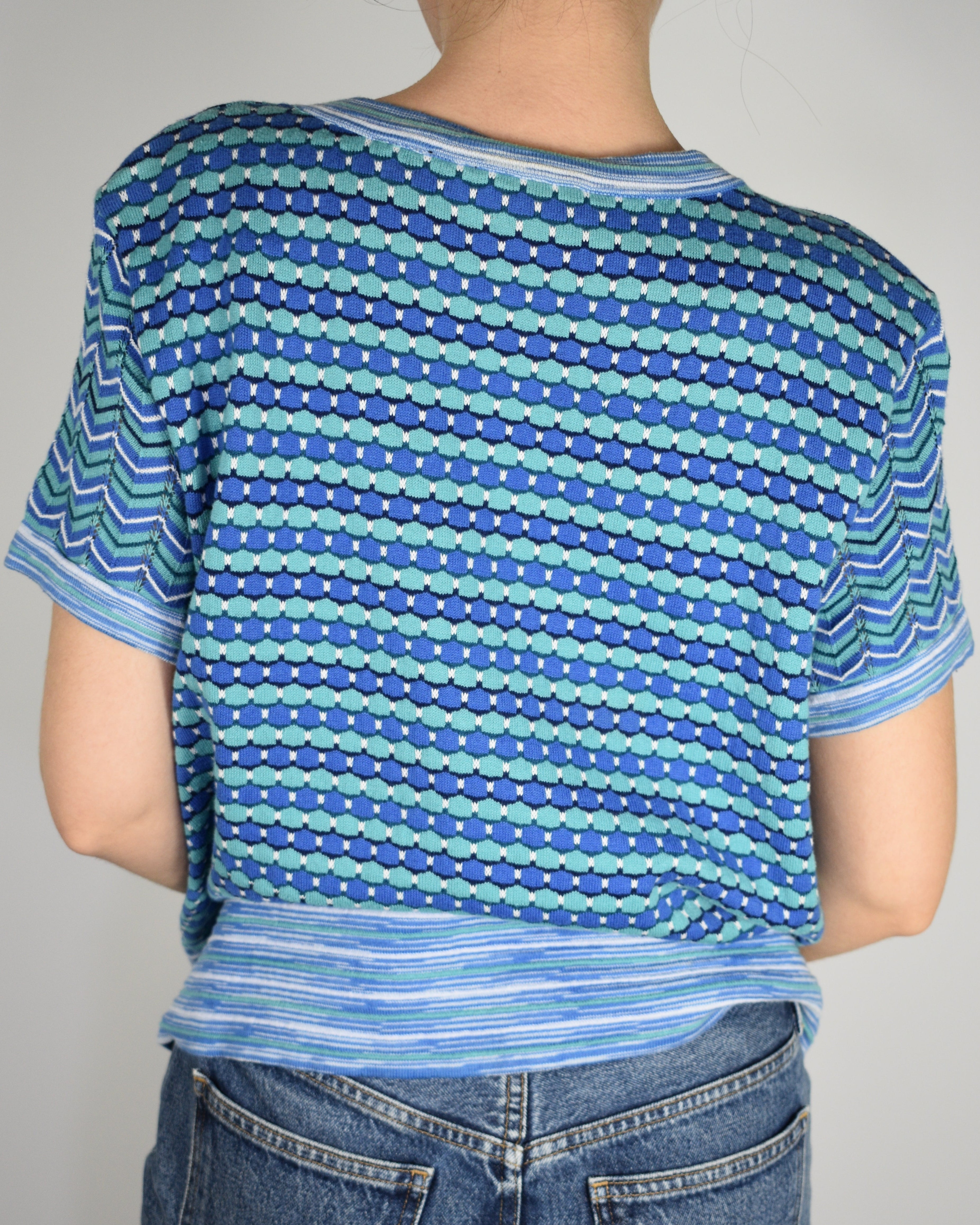 Blue Knit Striped Button Up
