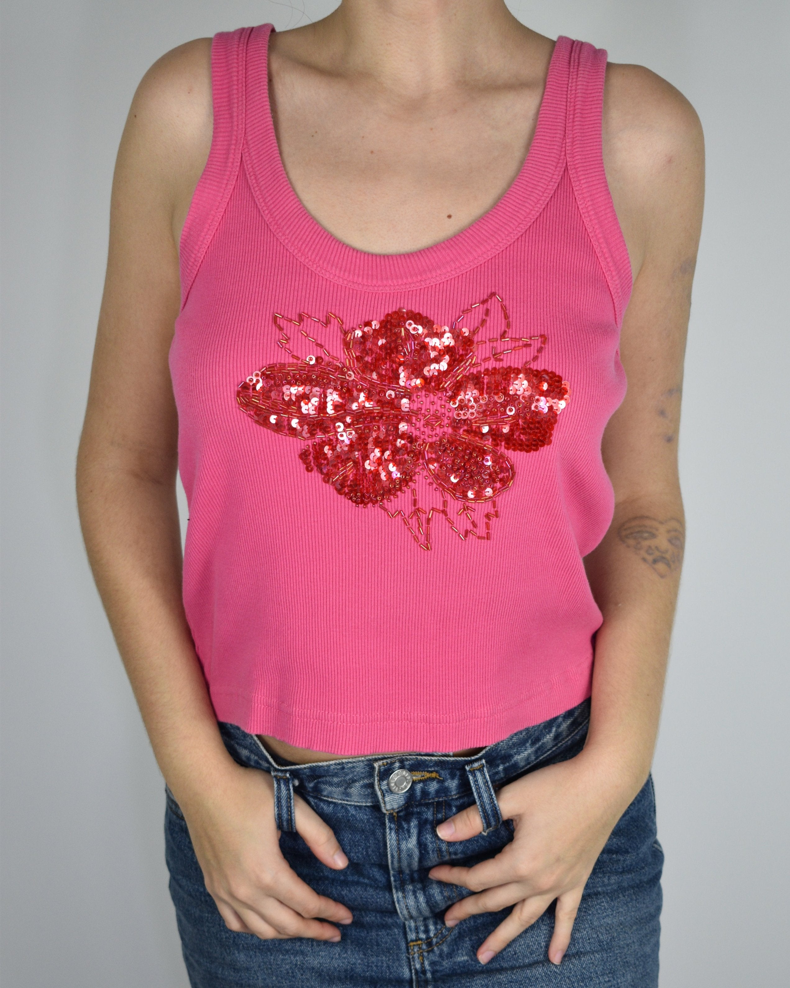 Pink Ribbed Sequin Flower Tank