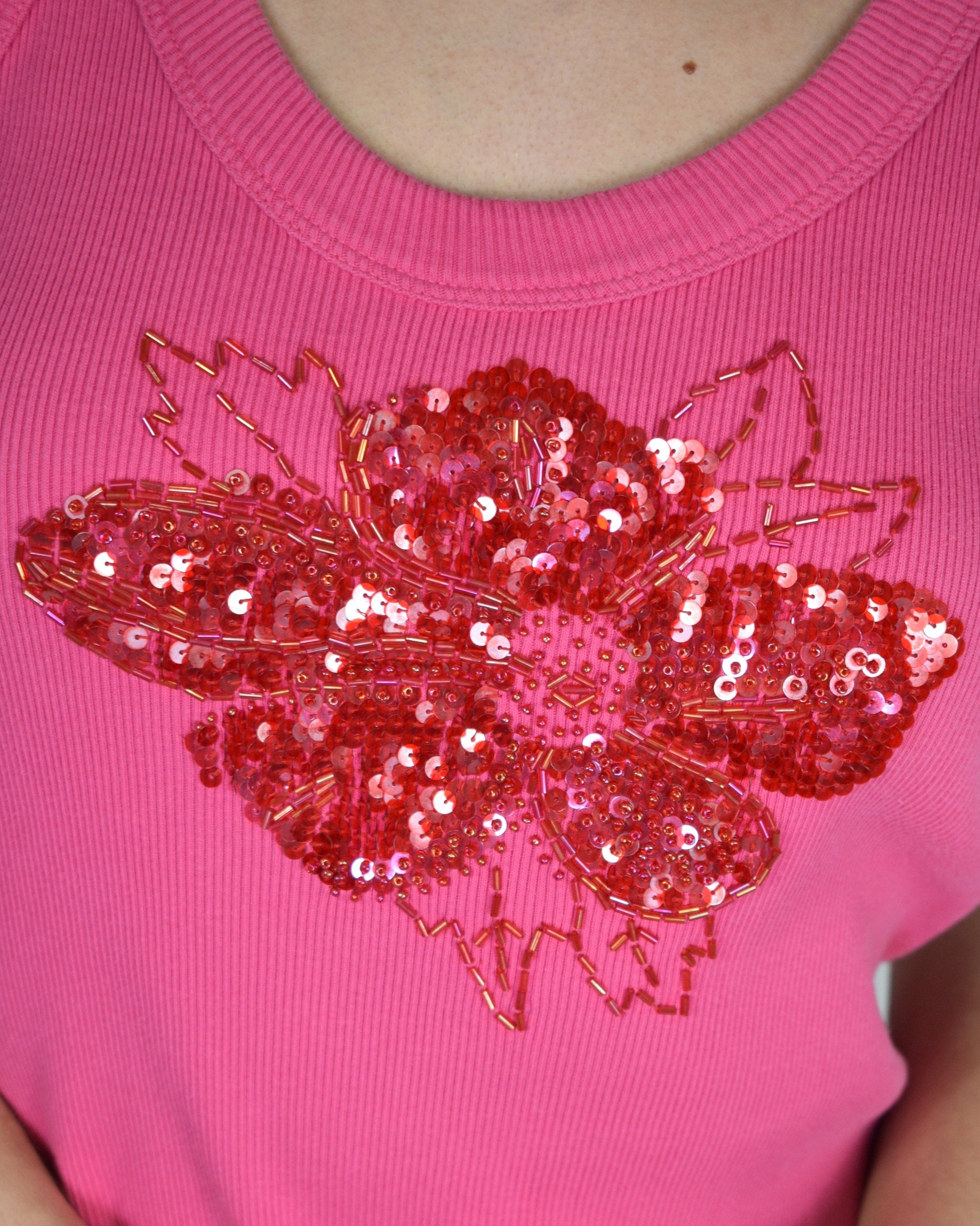 Pink Ribbed Sequin Flower Tank