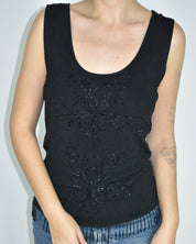 Black Beaded Floral Ribbed Tank