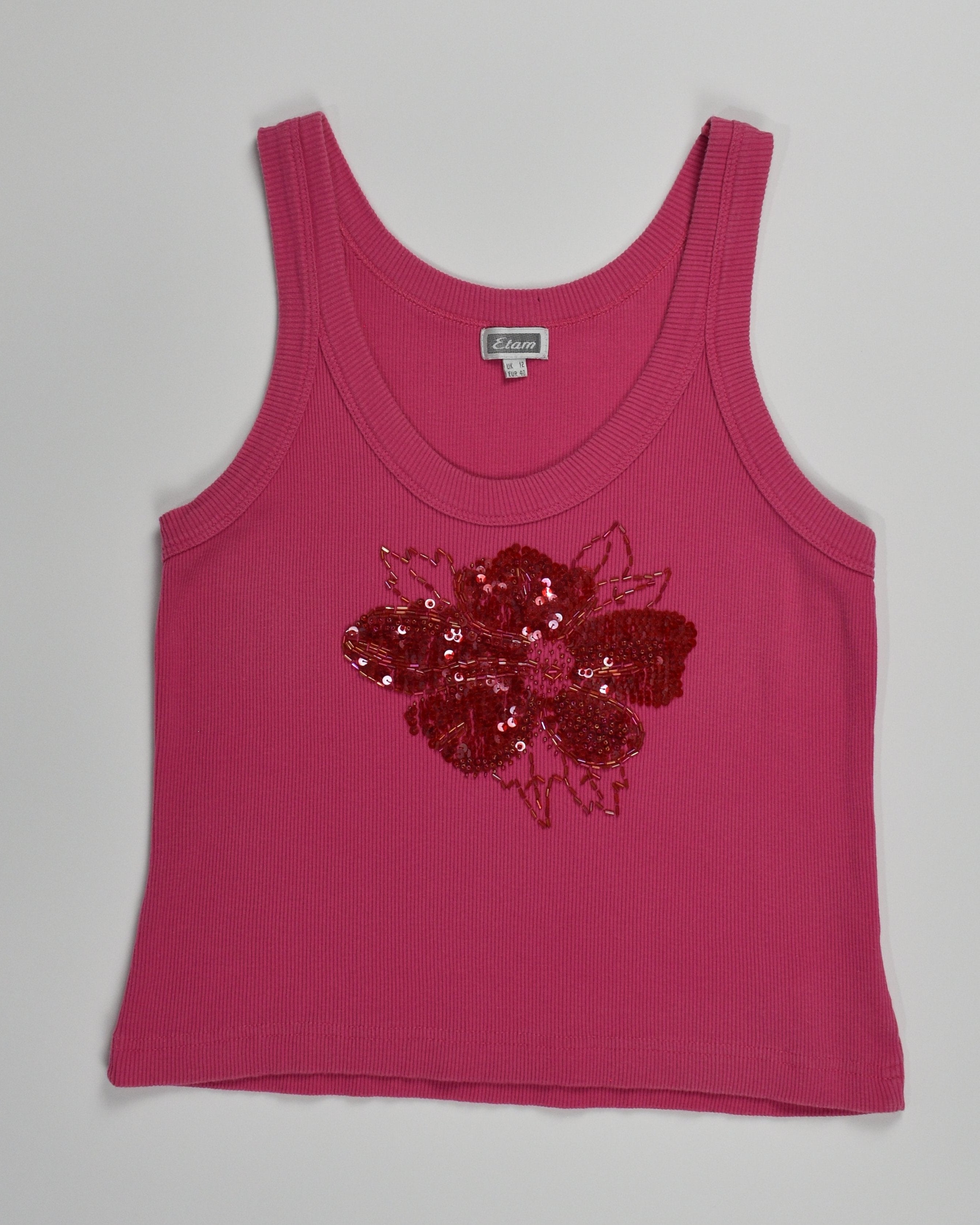 Pink Ribbed Sequin Flower Tank