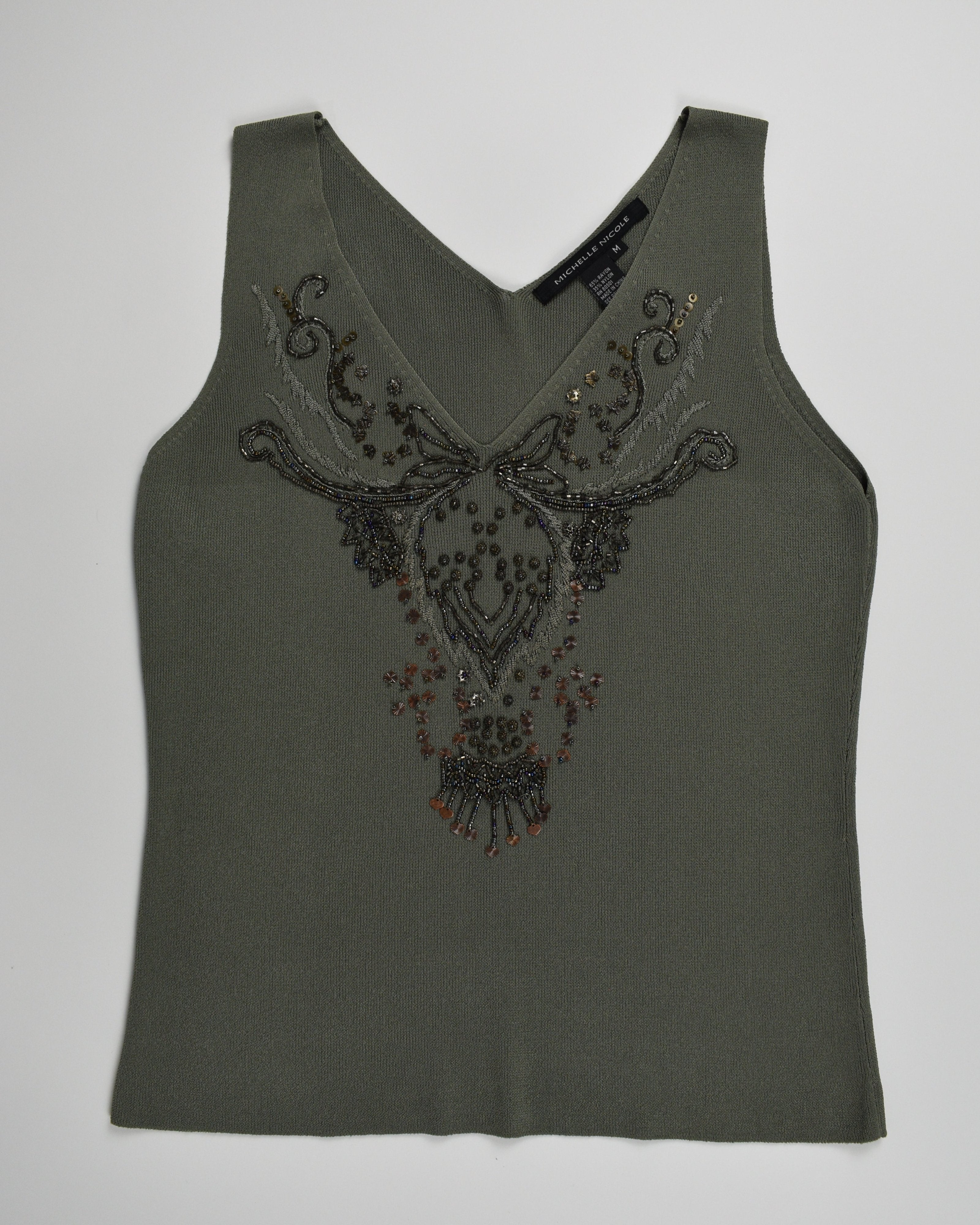 Olive Knitted Embellished Tank