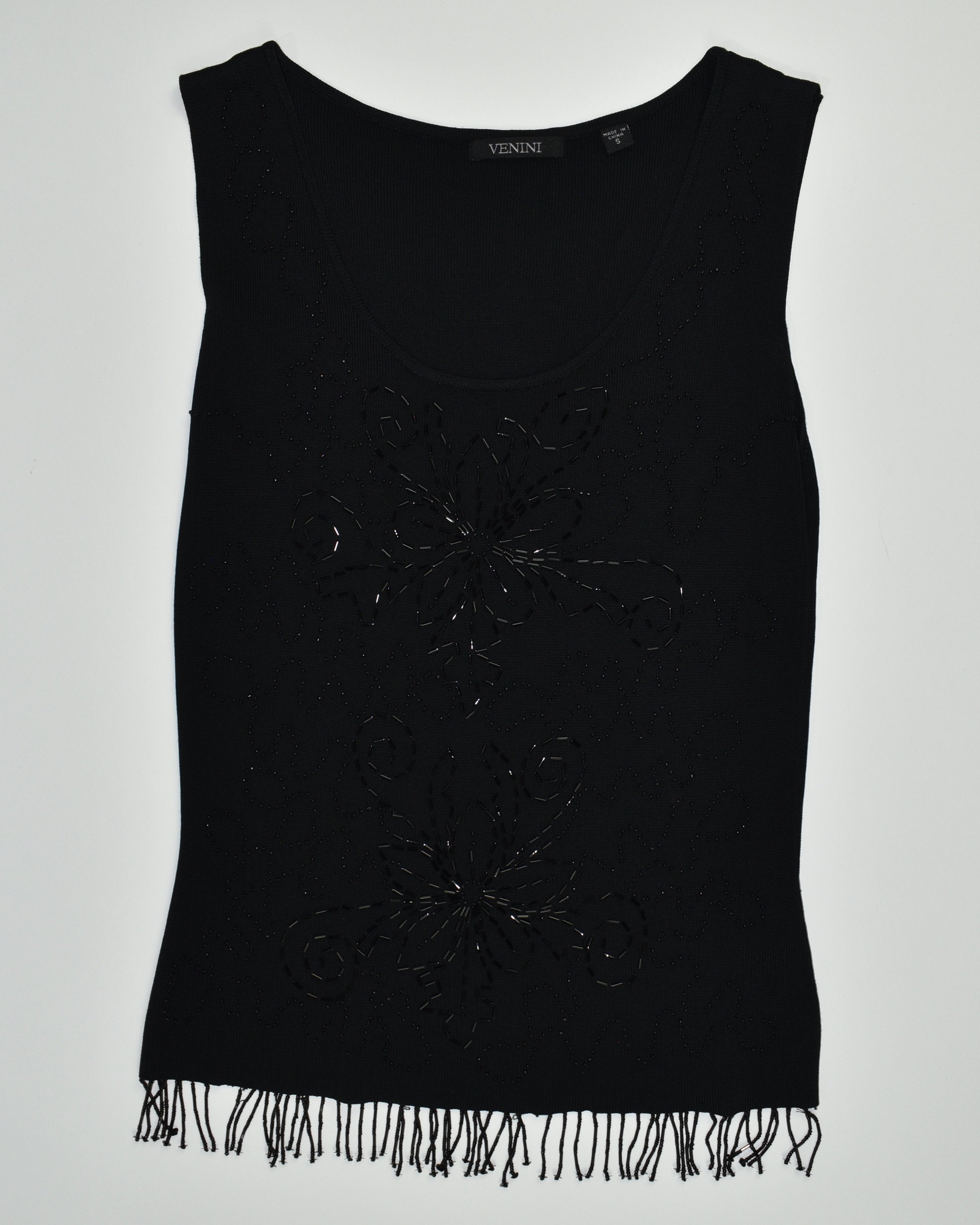 Black Beaded Floral Ribbed Tank