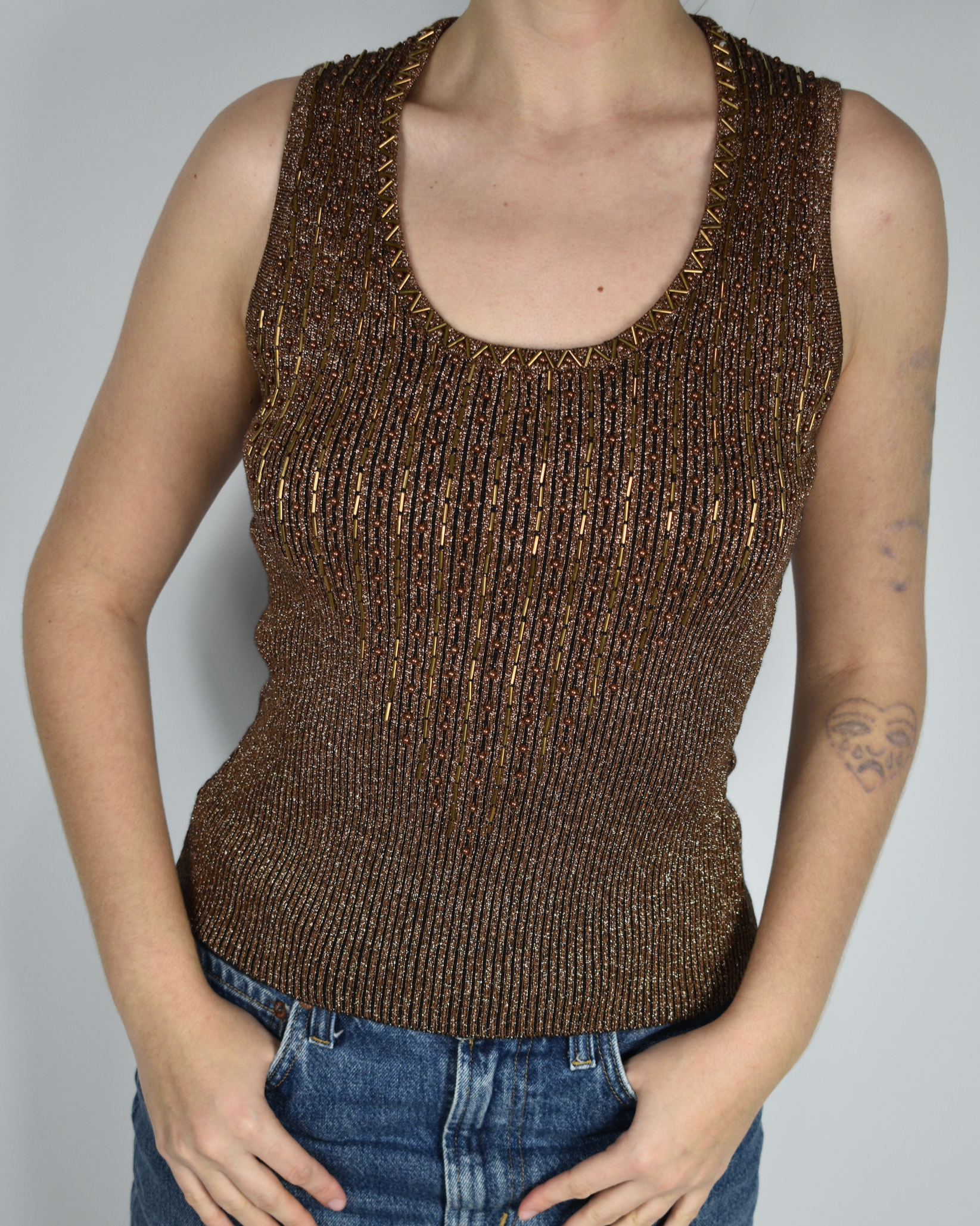 Cache Brown Knit Beaded Tank