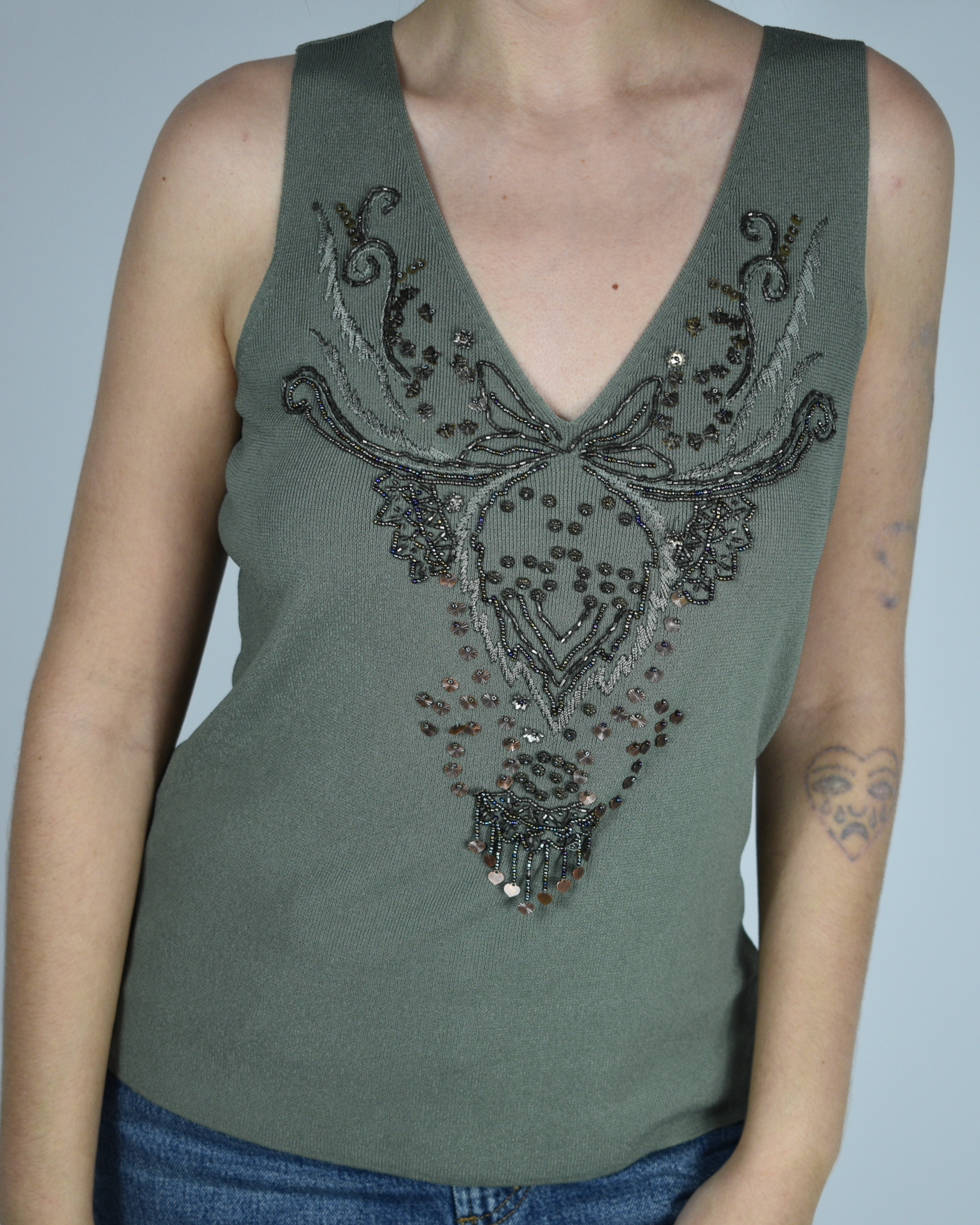 Olive Knitted Embellished Tank
